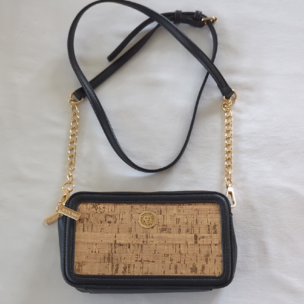 Anne Klein Black and Cork Crossbody with Gold Chain Strap